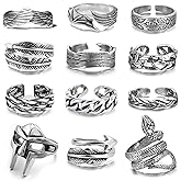 FEYIR 12 Pcs Vintage Rings for Men Adjustable Punk Gothic Viking Feather Angel Wings Snake Mask Rings Set