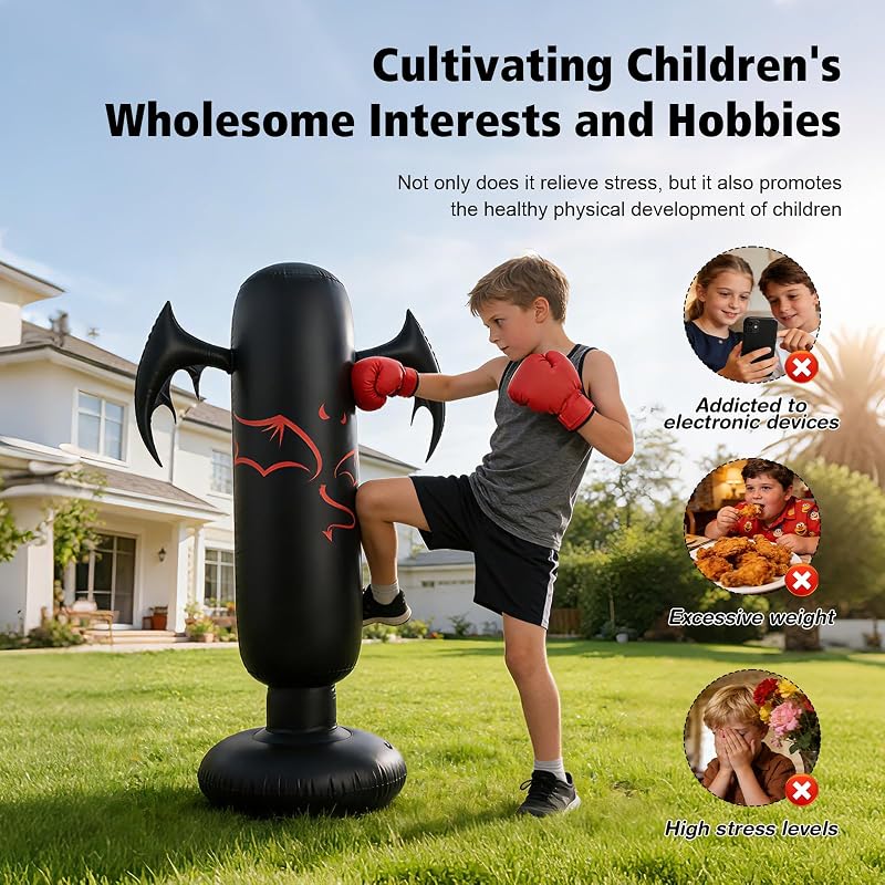 Saco Boxeo Niños 160cm con Guantes Y Bomba,6-12 Años,Base 65cm para Agua/Arena,Rebota, PVC Durable,Saco De Boxeo De Pie para Fitness,Entrenamiento Y Alivio De Estrés para Niños Y Niñas