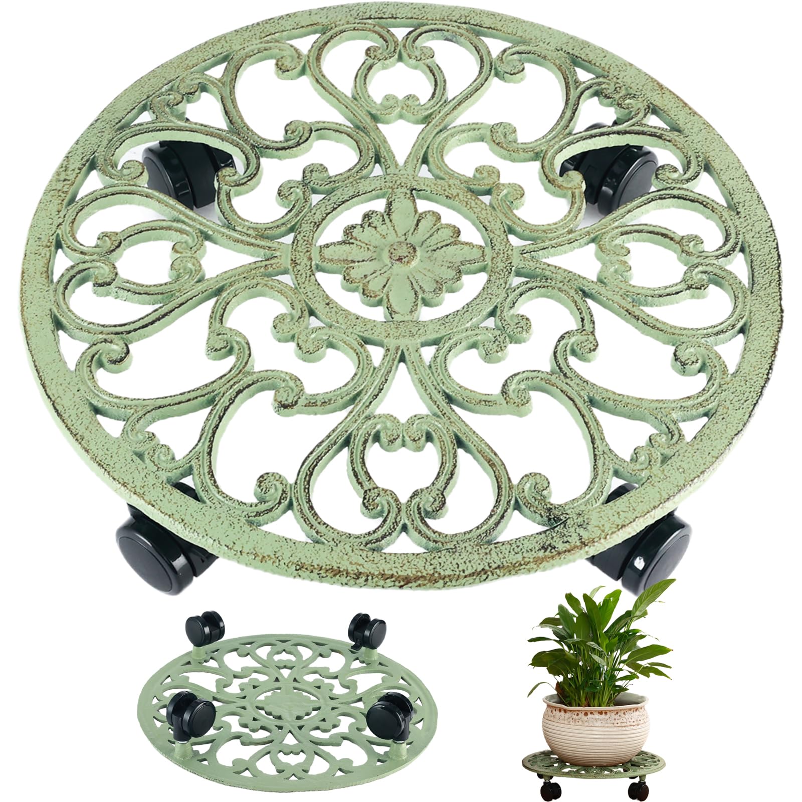 Photo 1 of 14 Inch Rolling Plant Stand with Wheels Metal Plant Caddy with Wheels Heavy Duty Round Plant Stand Indoor Iron Plants Rollers for Plants, Retro Green Plant Dolly 1 Pack