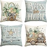 AVOIN colorlife Bless Our Home Eucalyptus Leaves Starfish Throw Pillow Covers, 18 x 18 Inch Seasonal Spring Summer Truck Home Sweet Home Cushion Case Decorations Set of 4
