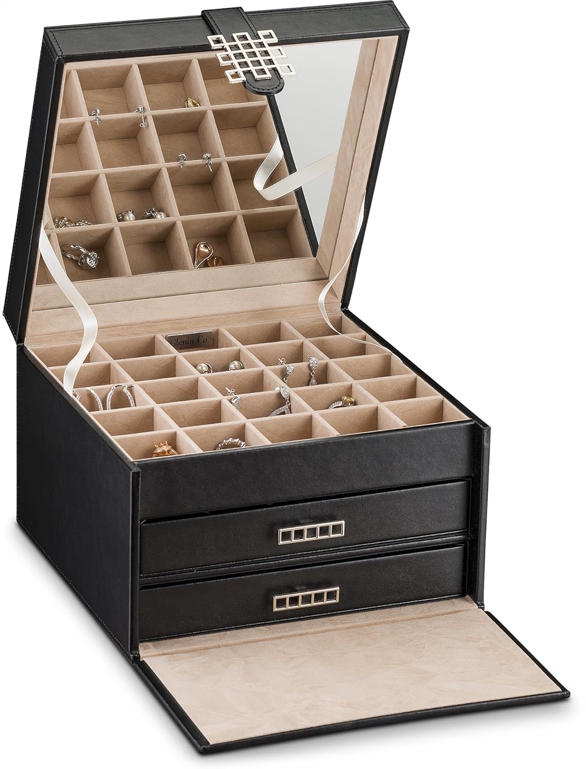 Glenor Co Earring Organizer Holder - 50 Small & 4 Large Slots Classic Jewelry box with Drawer & Modern Closure, Mirror, 3 Trays for All Sizes Earrings, Ring or Chain Storage - PU Leather Case - Black: Home & Kitchen