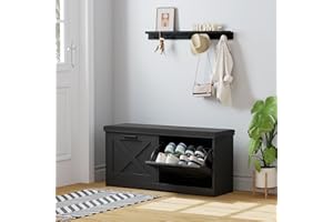 Homleke Shoe Storage Bench with 2 Flip Drawers, Entryway Bench with Padded Seat Cushion, Shoe Cabinet with 2 Barn Doors, 11.8" D x 39.4" W x 18.4" H, for Entryway, Living Room, Bedroom, Black