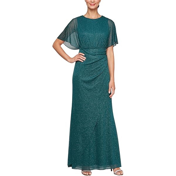 Amazon.com: S.L. Fashions Women's Long Glitter Mesh Capelet Gown with Side  Slit, Wedding Guest, Formal Dress (Petite and Regular Sizes), Fig, 6P :  Clothing, Shoes & Jewelry