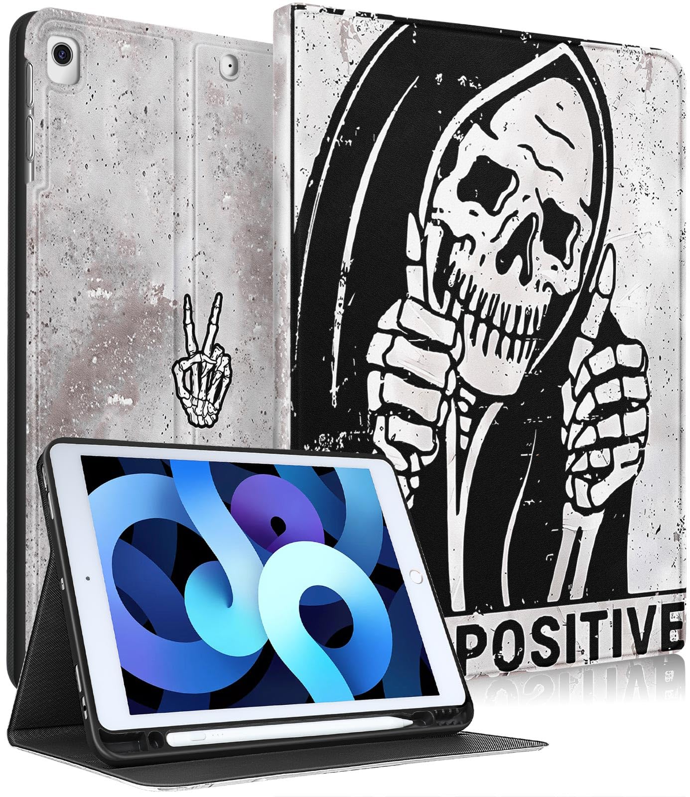 Pegmode for iPad 9th/8th/7th Generation Case Women Cute Skull Folio Cover Fun Funny Skeleton Goth Girls Boys Design With Pencil Holder Smart Cover for Apple iPad 9/8/7 Gen Cases A2602 A2270 A2197