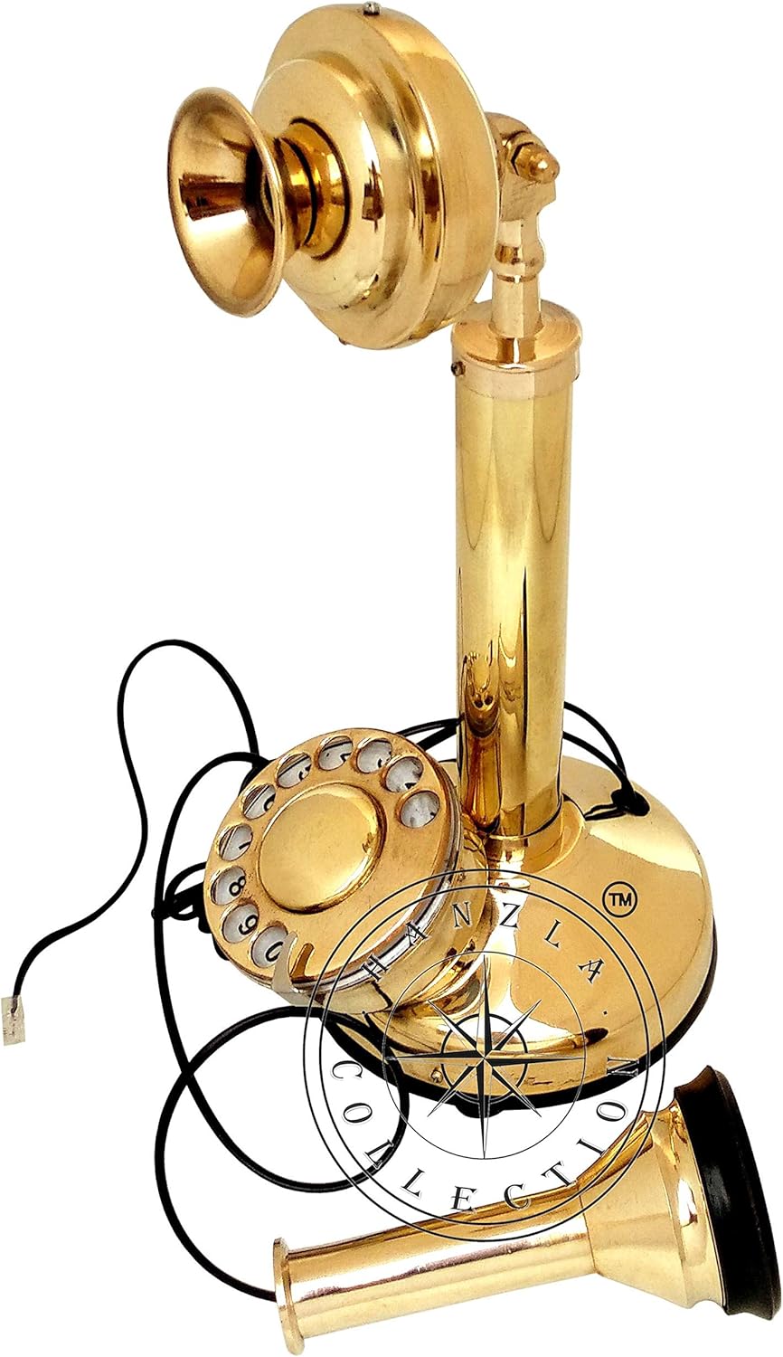Hanzla Collection Polished Brass Rotary Candlestick Phone Vintage Retro