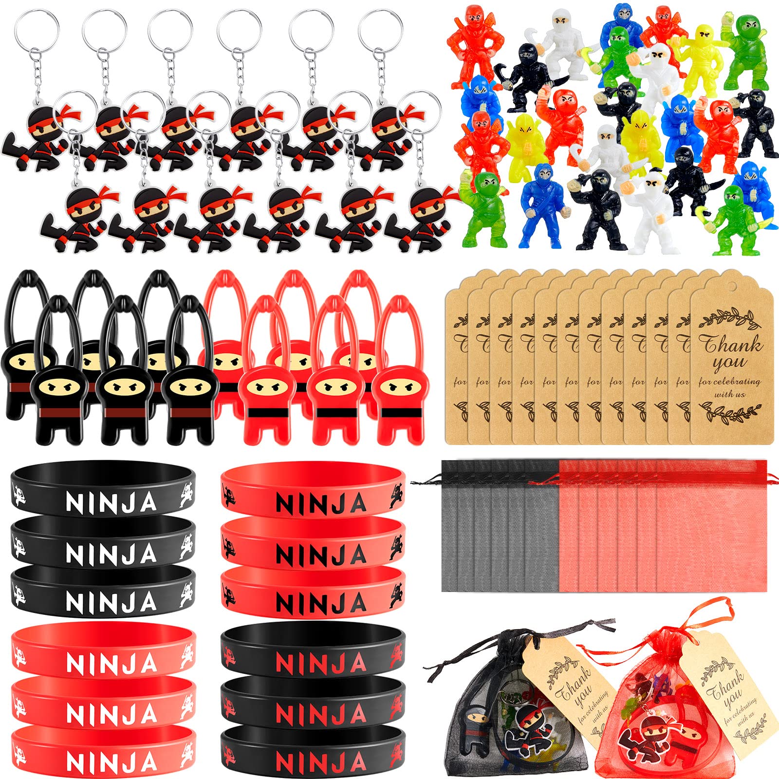 Photo 1 of 84 Pcs Ninja Party Favors Include 12 Stretchy Flying Ninjas, 24 Mini Ninja Figurines, 12 Ninja Silicone Wristbands, 12 Ninja Keychains, 12 Red and Black Organza Bags and 12 Gift Tags for Birthday