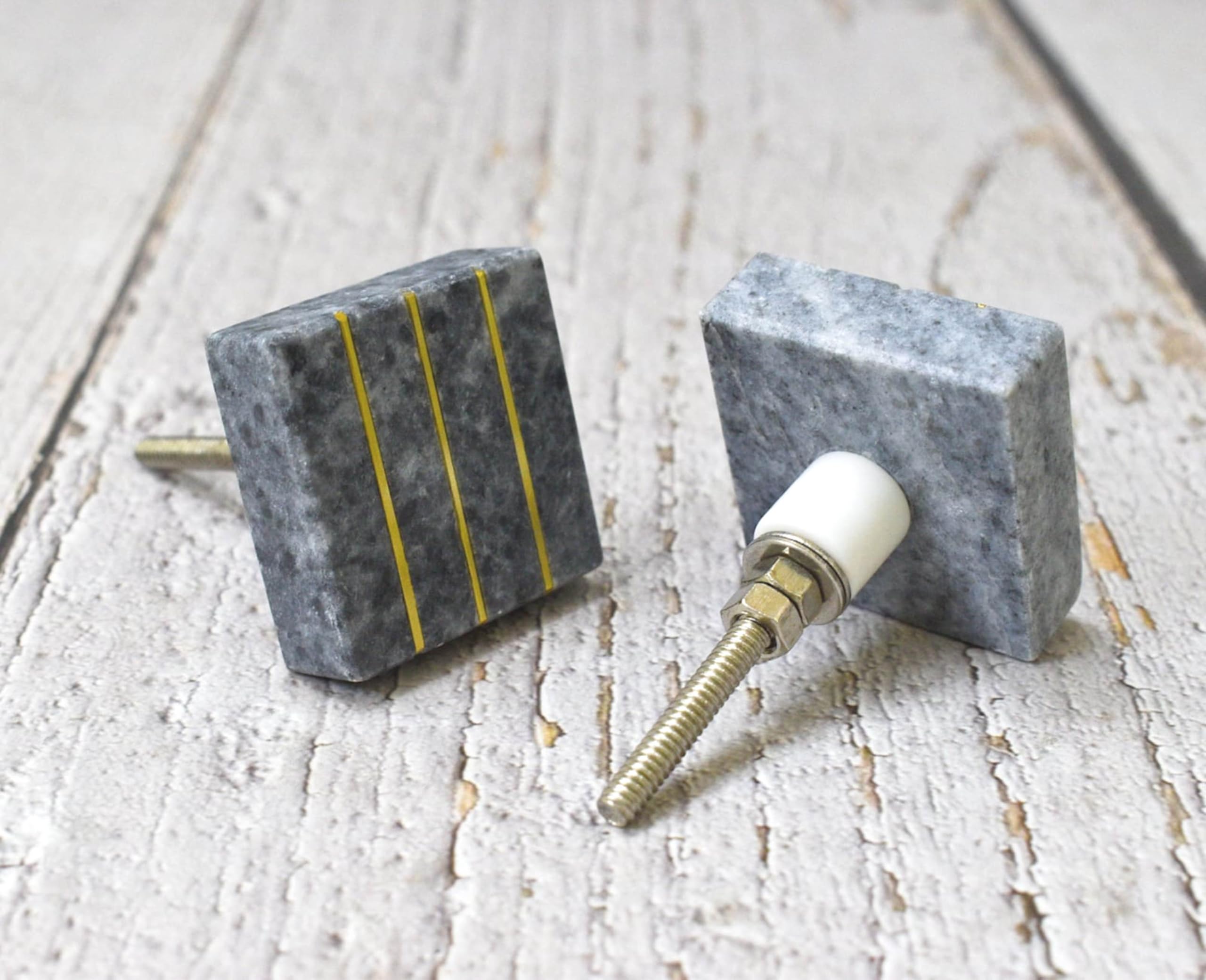 ARTISNO Square Marble Brass Knob, Modern Cabinet Knob, Decorative Hardware, Furniture Hardware, Cabinet Handles, Dresser Pull (Grey), Set-6