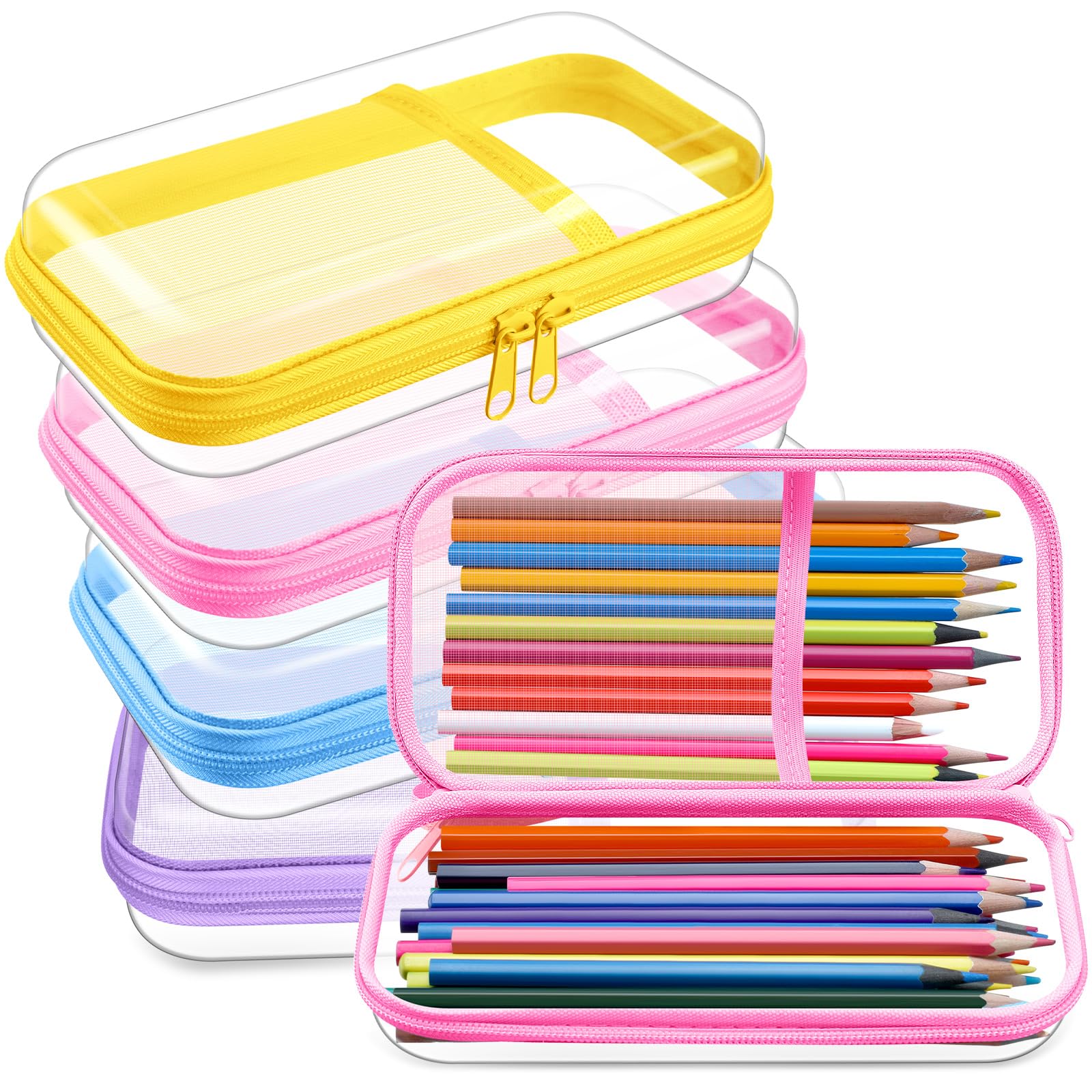 Photo 1 of Sanwuta 4 Pcs Clear Hard Sided Zipper Pencil Case Pouches Bulk Plastic Hard Shell Pencil Case Box Organizer with Mesh Pocket Toiletry Pouch Makeup Bag, Back to School Supplies(Macaron)