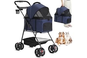 MSmask 3 in 1 Dog Stroller for Medium Small Dogs Up to 35lbs, 4 Wheels Folding Pet Stroller w/Detachable Travel Carrier, Cat Puppy Stroller, Push Button Entry, Storage Basket, Cup Holder, Navy Blue