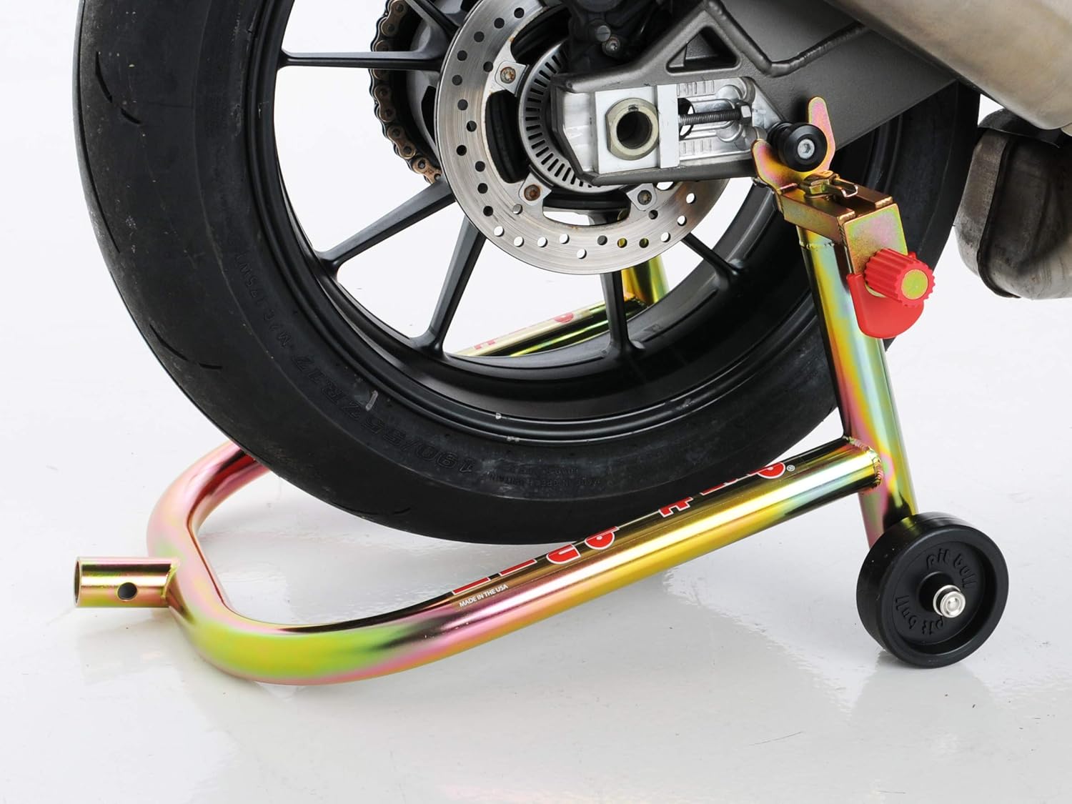 Pit Bull Motorcycle Stand, SS Rear Sportbike Stand for Spools and/or Swingarm Lift (w/Removable Handle) fits Suzuki, Yamaha, Kawasaki, Honda, Ducati, BMW, Triumph