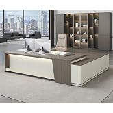 79" L-Shaped Executive Desk with Drawers, Power, Cable Grommet, Left Return | Modern Office Style, Storage Shelves, LED Lighting, Spacious Surface, 2-Inch Thick Desktop, Smoked Oak &amp; Cream White