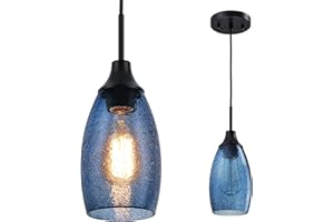 Viinew Mini Glass Pendant Light 1-Pack Handblown Clear Dark Blue Seeded Glass Shade Adjustable Cord Ceiling Light Fixture for Kitchen Island Sink 4.72"