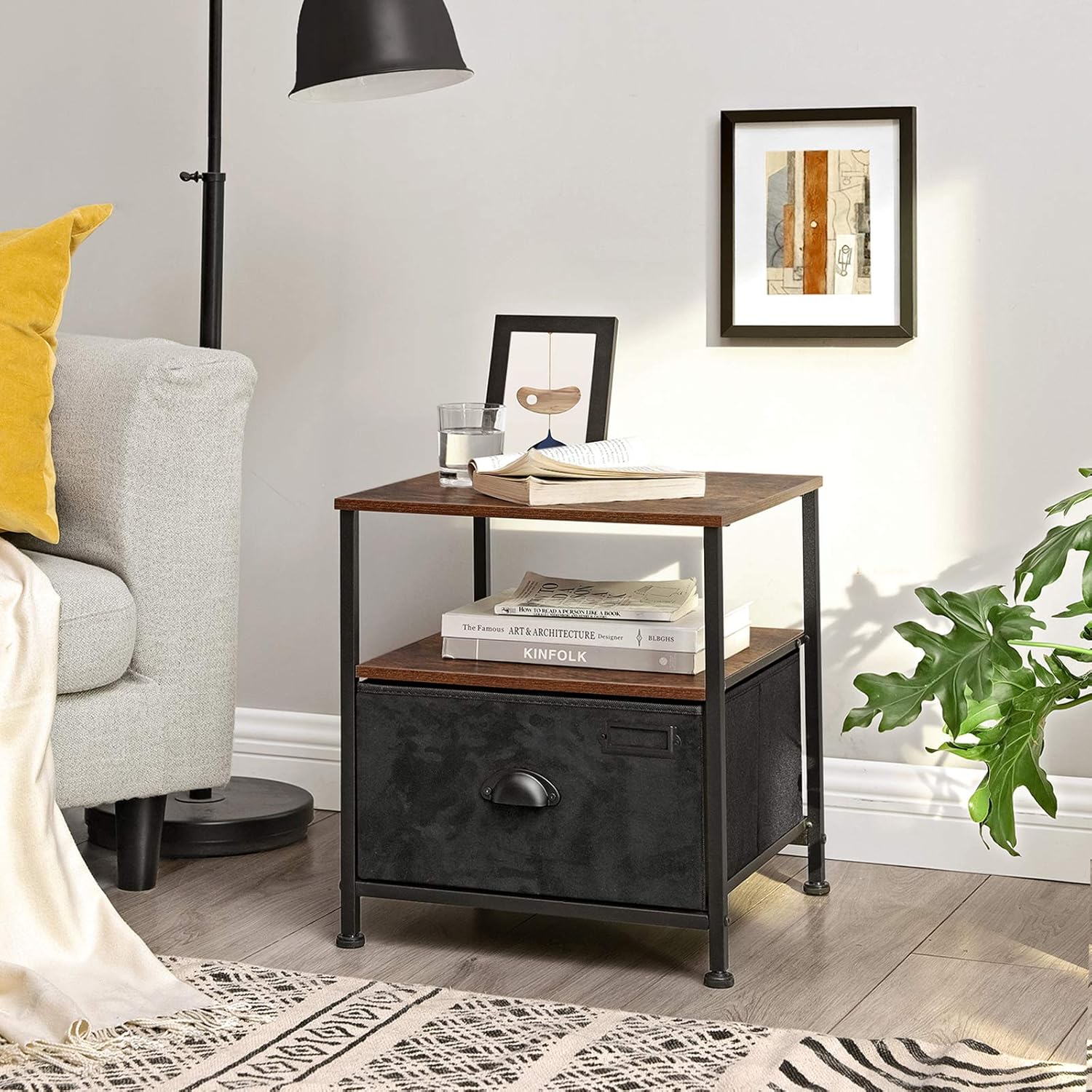 SONGMICS Nightstand, 3-Tier Bedside Table with Drawer, 2 Shelves, Fabric Drawer Dresser, Industrial End Table, for, Hallway, Closet, Rustic Brown and Black ULVT02H: Kitchen & Dining