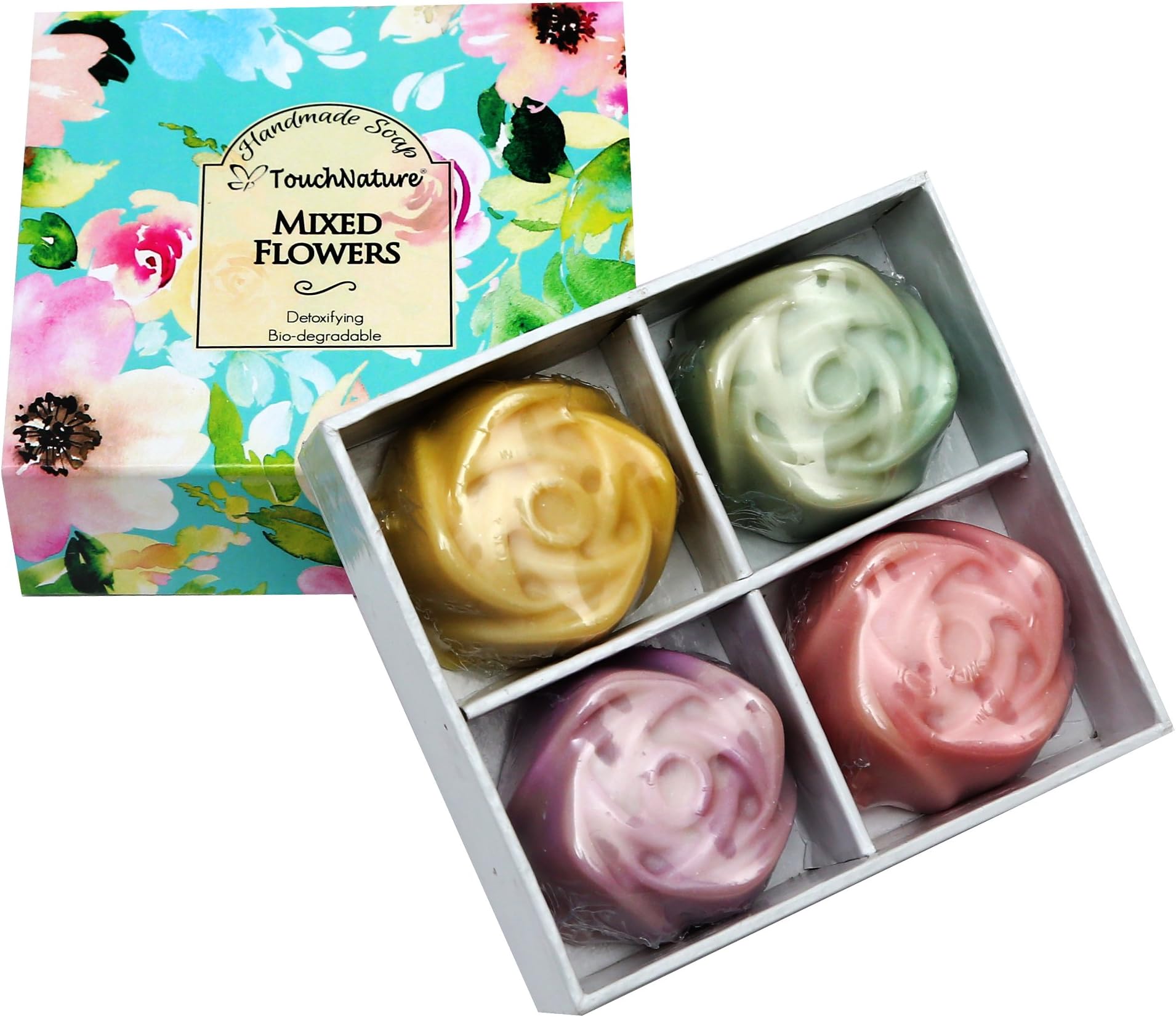 Touch Nature Mixed Flowers Natural Handmade Soap Set- 4 pc Mini Rose Shaped Soaps (Lavender, Rose, Peppermint, Lemongrass). No Parabens & Sulphates.