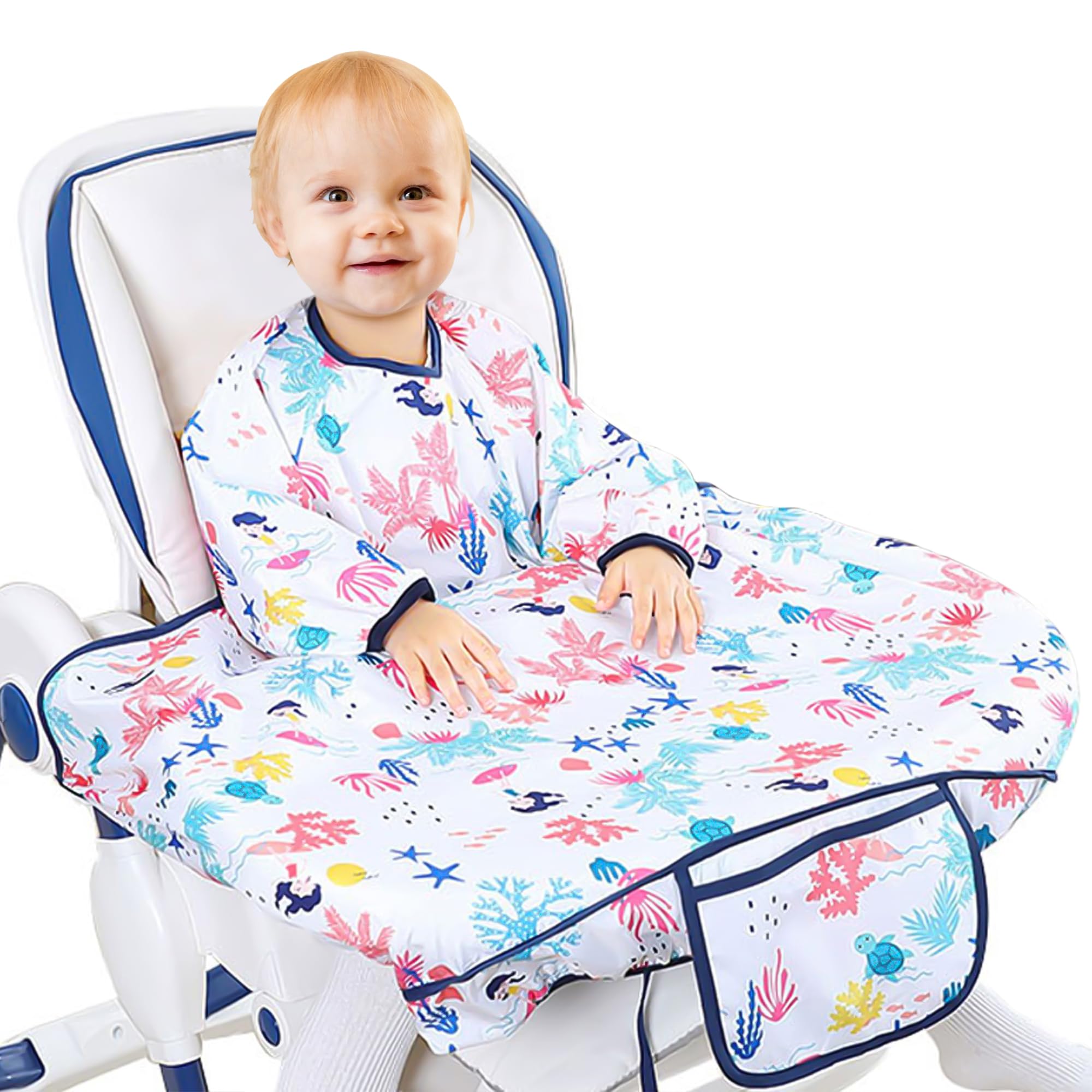 JinBei Baby Bibs with Sleeves,Toddler Feeding Bibs Coverall Long Sleeve Baby Apron for Painting,Waterproof Adjustable Wipe Clean Attaches to Highchair Weaning Bibs for Girls 6 Month to 5 Years,White