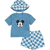 Disney Baby Loop Terry Cloth T-Shirt, Shorts & Bucket Sun Hat 3 Piece Outfit Set Newborn to Infant Sizes (0-24 Months)