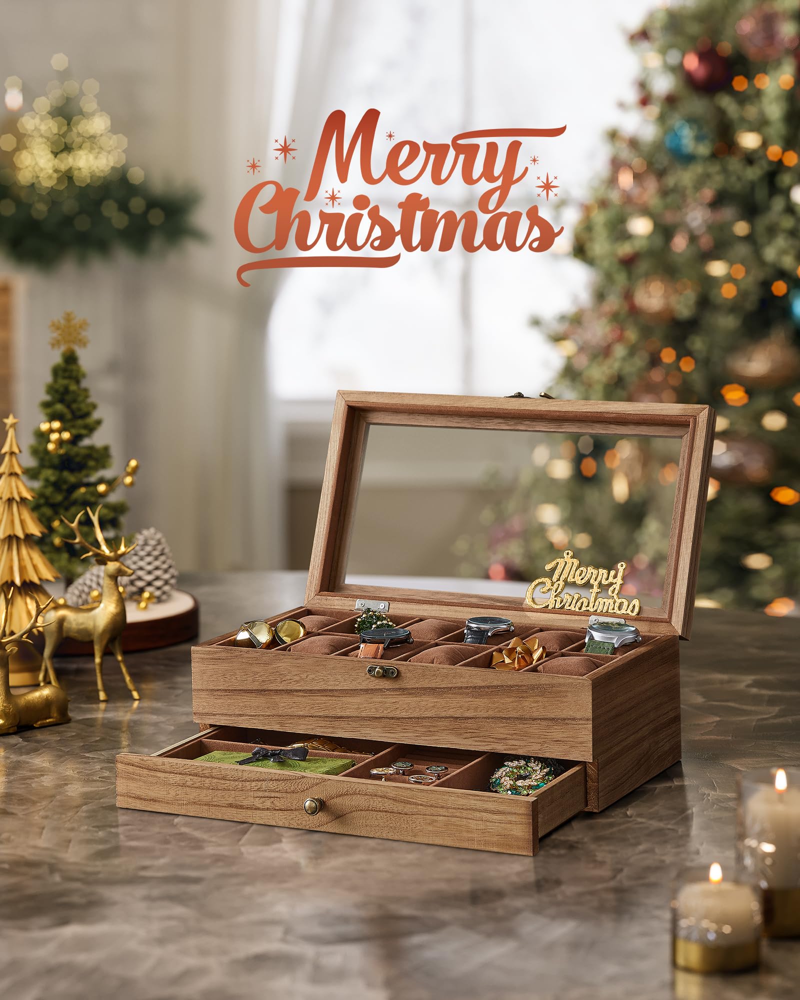 SONGMICS 12-Slot Watch Box, 2-Tier Watch Display Case with Large Glass Lid, Removable Watch Pillows, Velvet Lining, Jewelry Box, Christmas Gift, Rustic Walnut UJOW012K01