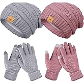 Jeere 4 Pcs Winter Hat and Gloves for Women Fleece Lined Knit Beanie Touchscreen Gloves Warm Skull Hat Set for Cold Weather(Gray, Pink)