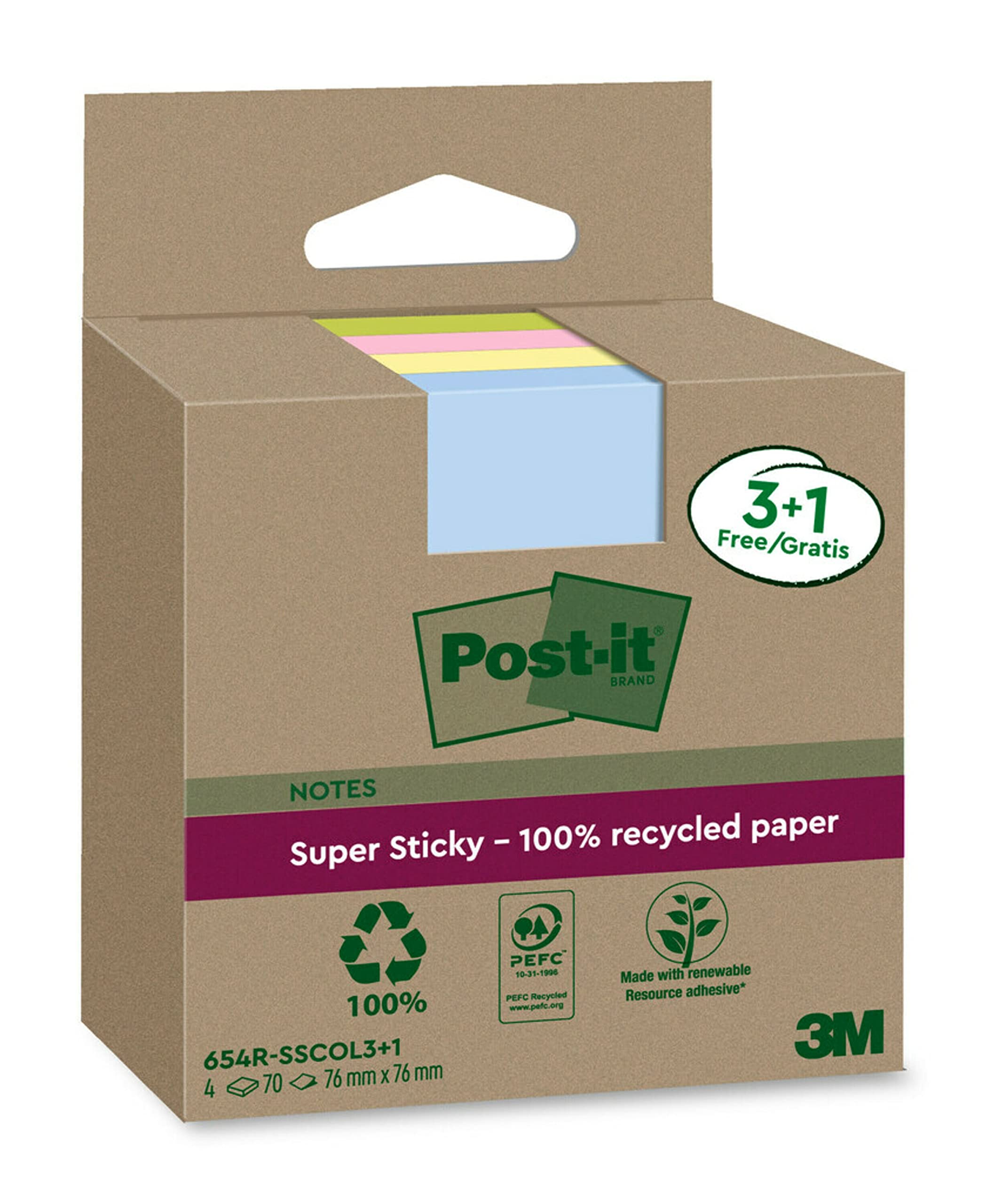 Post-it Super Sticky 100% Recycled Notes, Pack of 3+1 Free Pads, 70 Sheets per Pad, 76 mm x 76 mm, Pink, Green, Yellow, Blue - Extra Sticky Notes Made from 100% Recycled Paper — image 1