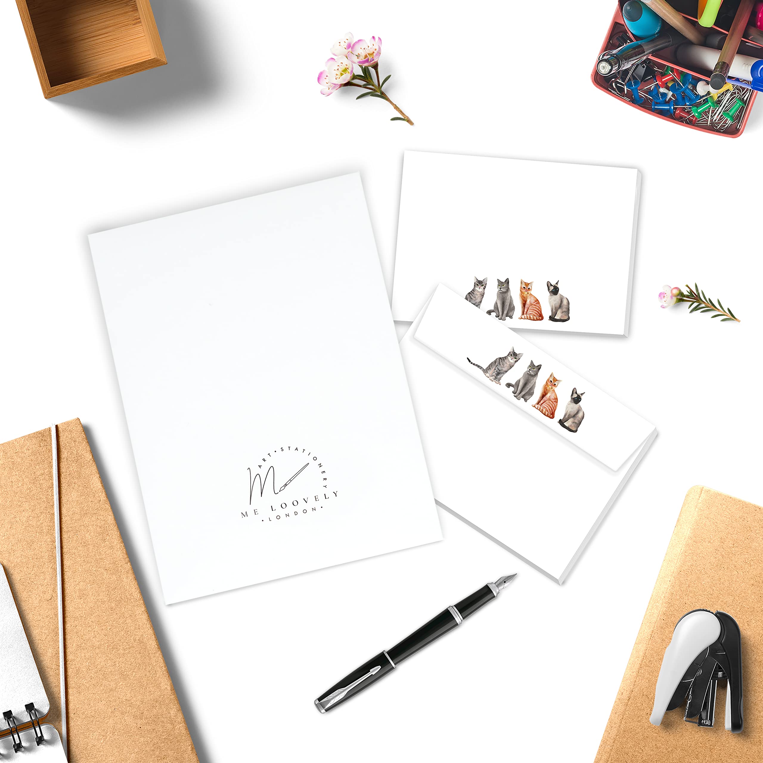 Me Loovely Four Cats Flat Notecard and Envelopes Set A6 Size All Occasion Cards Animal Greeting Card Stationery Supplies | Christmas Gifts (10 Cards and 10 Envelopes with Gift Envelope)