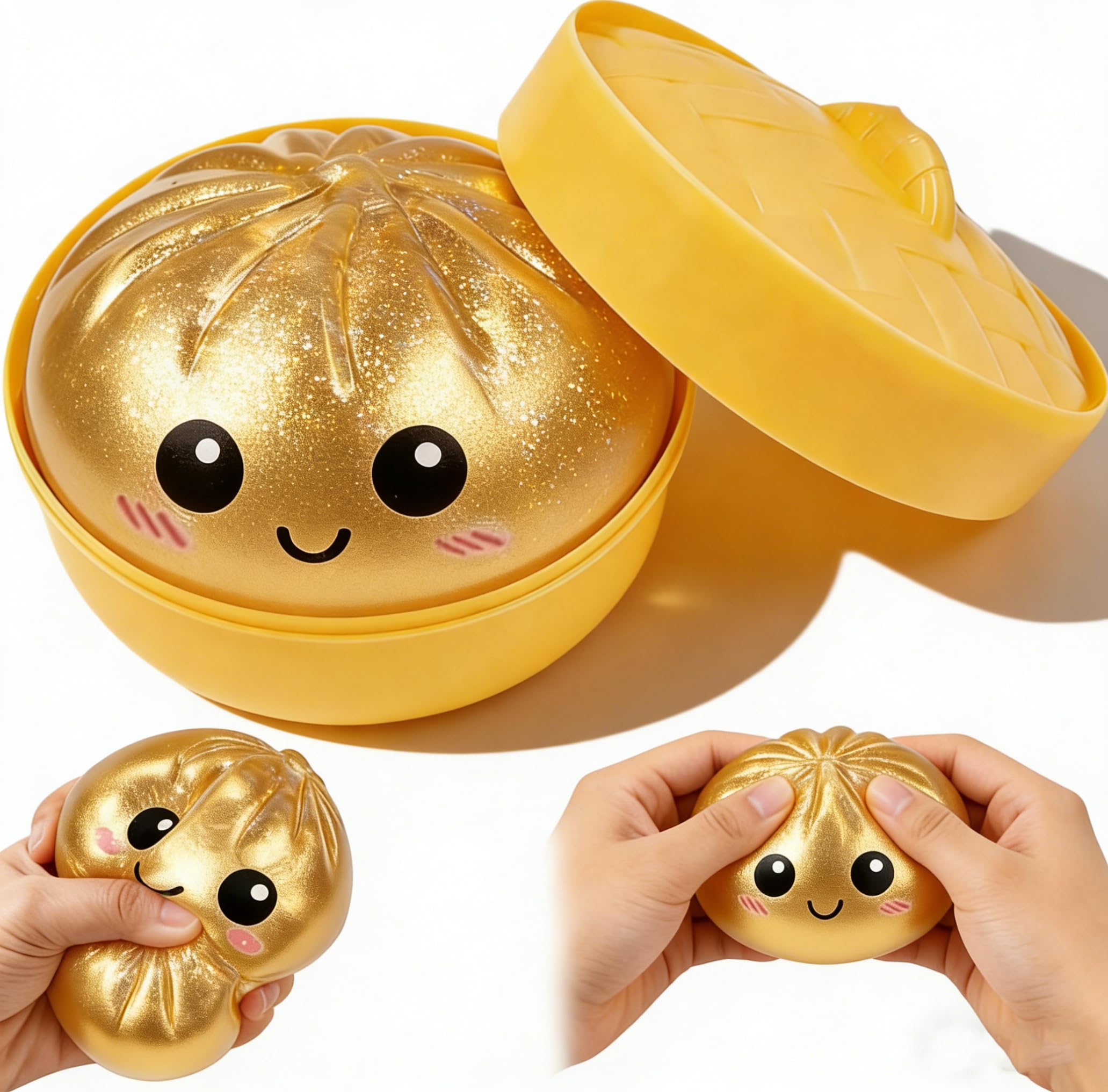 Xihongshi Glitter Dumpling, Glitter Dumpling Squishy Box, Dumplings Squishy, Anxiety Relief Fidget, Soft Squeeze Decompression Dough (Yellow)