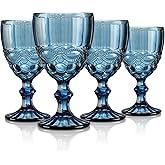 Joeyan Blue Vintage Wine Glasses,Clear Water Goblet Glasses,Stemmed Drinking Glasses with Embossed Pattern,Colored Glassware Set for Wedding Party Banquet Feast,10 oz,Set of 4,Dishwasher Safe