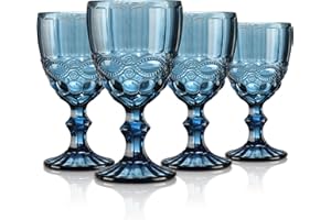Joeyan Blue Vintage Wine Glasses,Clear Water Goblet Glasses with Embossed Serpentine Pattern,Stemmed Colored Glassware Set fo