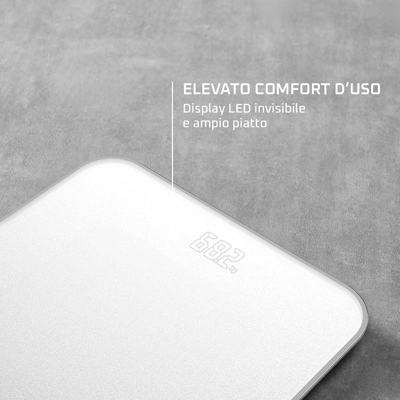 Classic 2.0, Bilancia con Schermo Invisibile LED Facile da Leggere, Capacità 180kg, Design Moderno e Funzioni Intelligenti, AutoAccensione e Spegnimento Automatico, Colore Bianco, BS1901V1