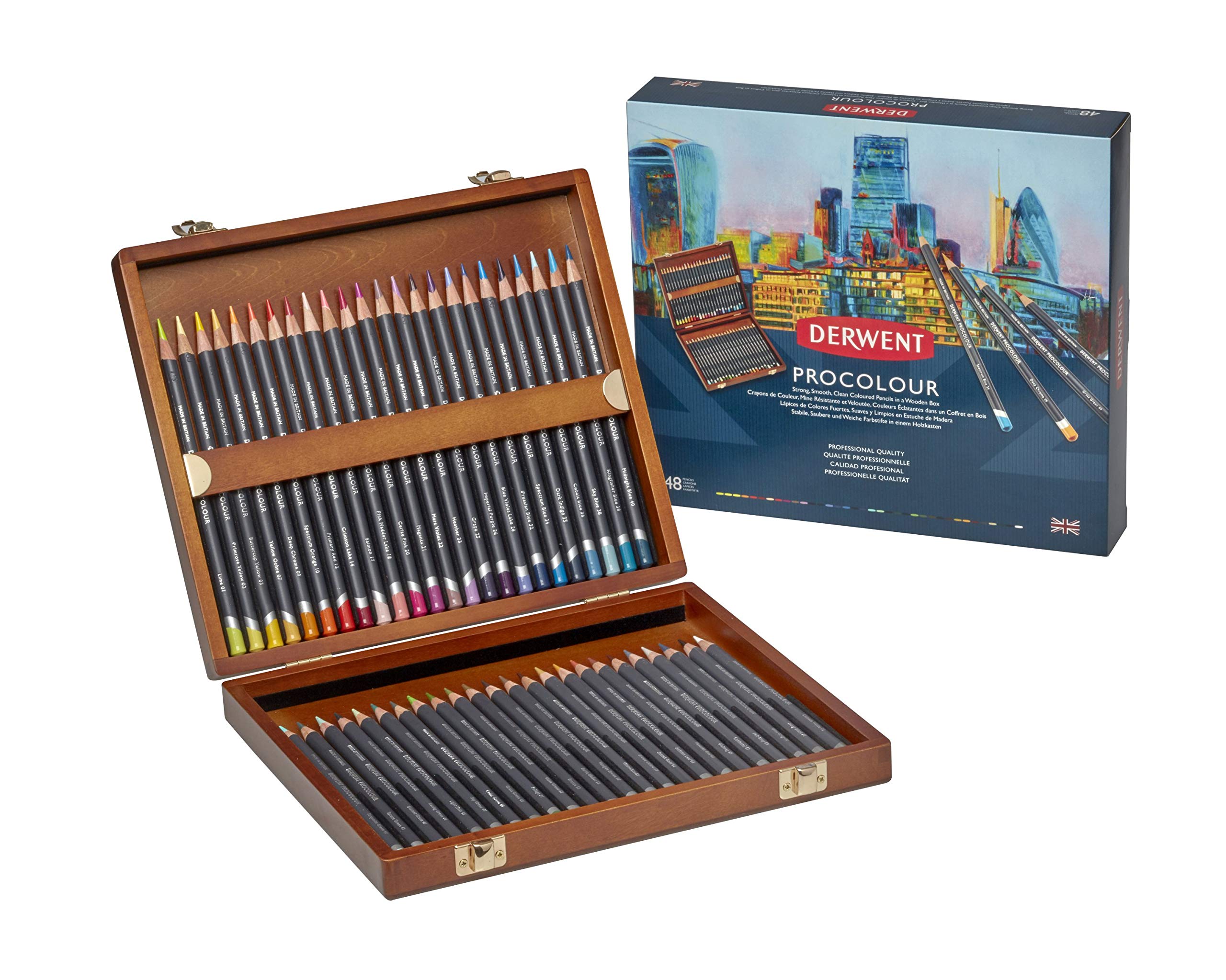 Derwent Procolour Colouring Pencils Set Of 48 In Wooden Gift Box, 4mm Round Core, Premium Core Strength, Smooth Texture, Ideal For Fine Art Drawing & Colouring, Professional Quality, 2302523
