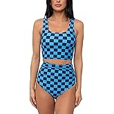 Coral Reef Swim Tankini Swimsuits - Square Neck Tankini Top & High Waisted Ruched Bikini Bottoms-Blue/Black (XXS-3XL)