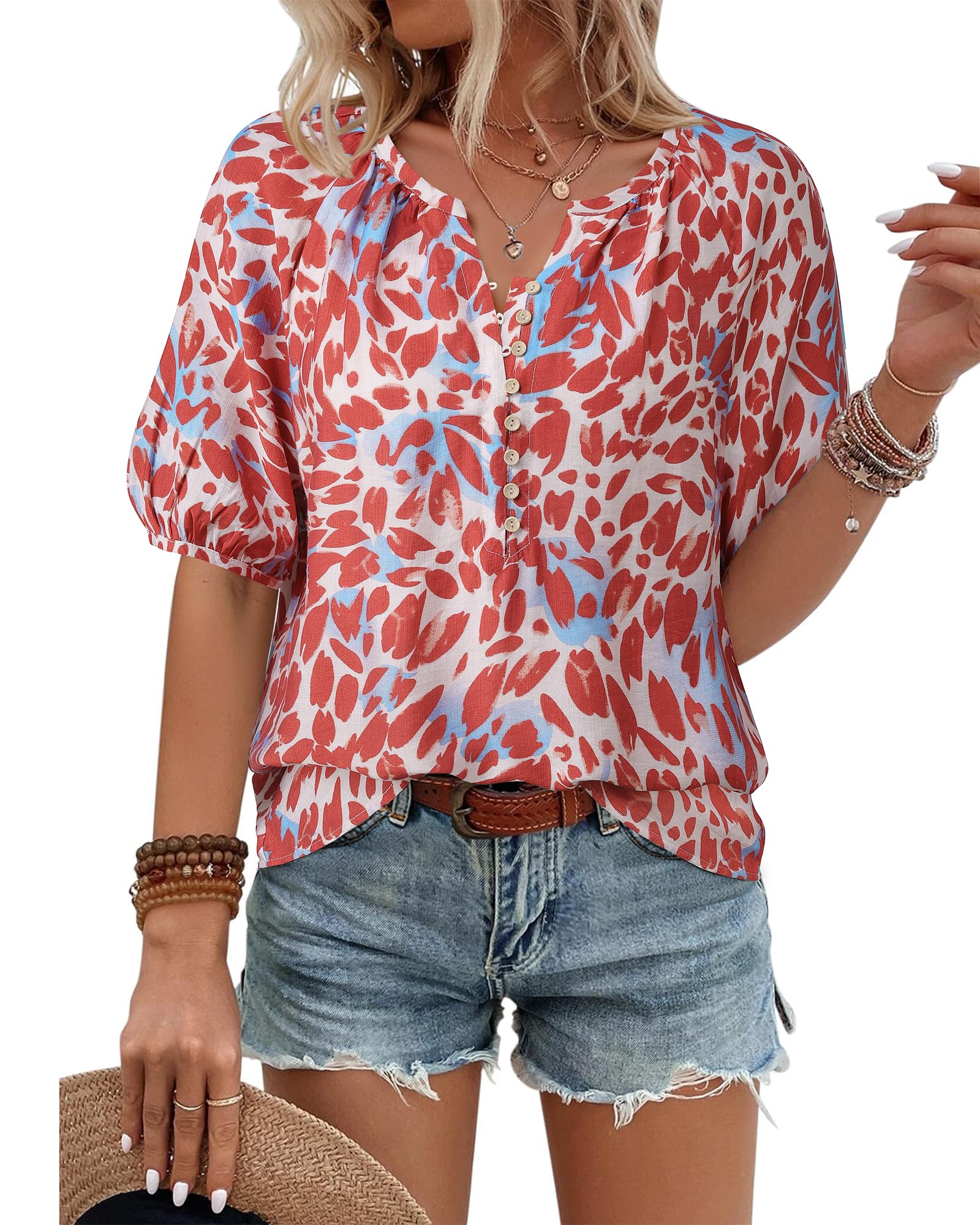 Photo 1 of (used/fair) (med/small) Unixseque Summer Boho Tops for Women: Womens Tops Dressy Casual - Summer Short Sleeve Shirts - Womens Spring Fashion 2025 Trendy Floral Print V Neck Blouses Beach Shirts Red