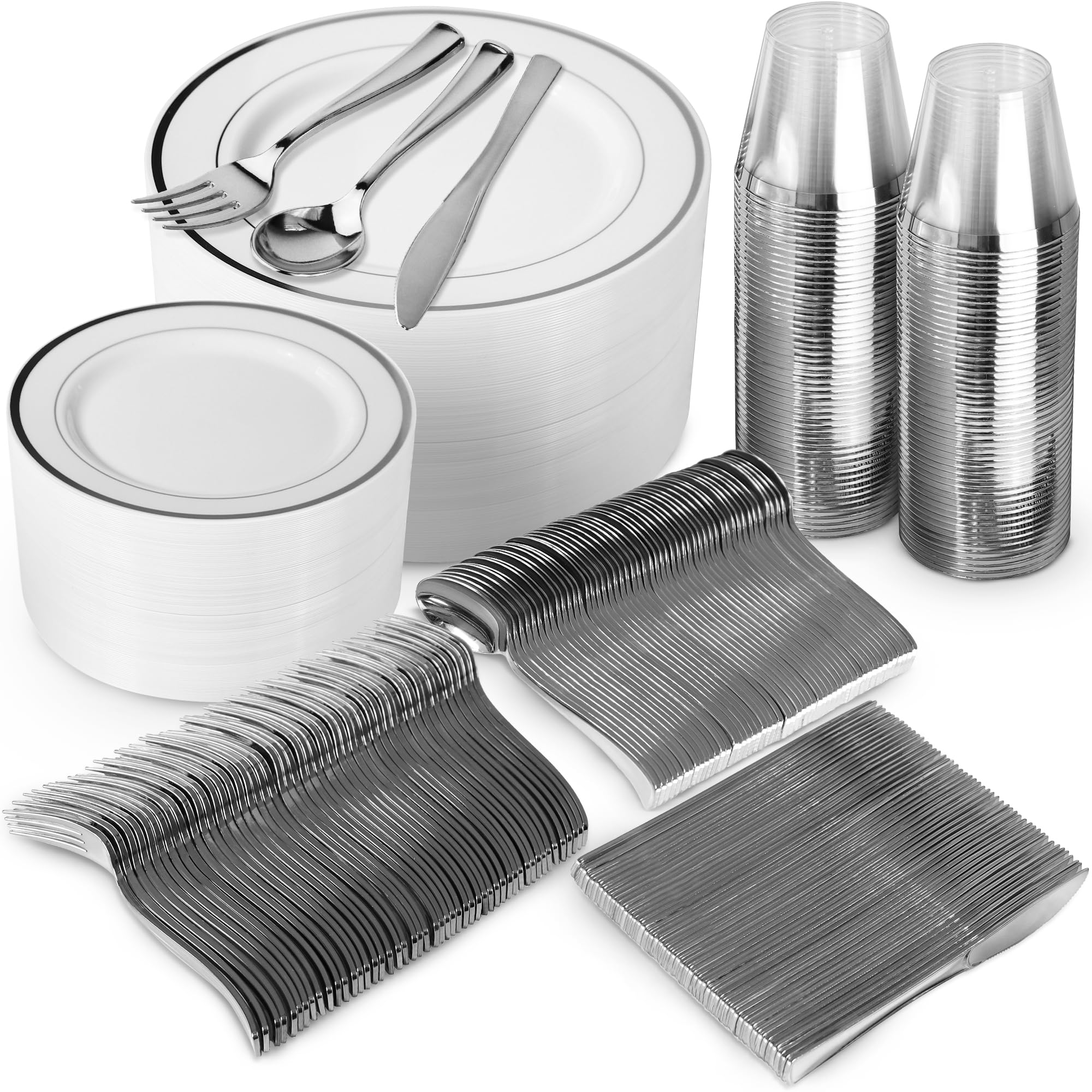 600 Piece Silver Dinnerware Set – 200 White and Silver Plastic Plates – Set of 300 Silver Plastic Silverware – 100 Silver Plastic Cups – Silver Dinnerware Set for Party or Wedding up to 100 Guests Image