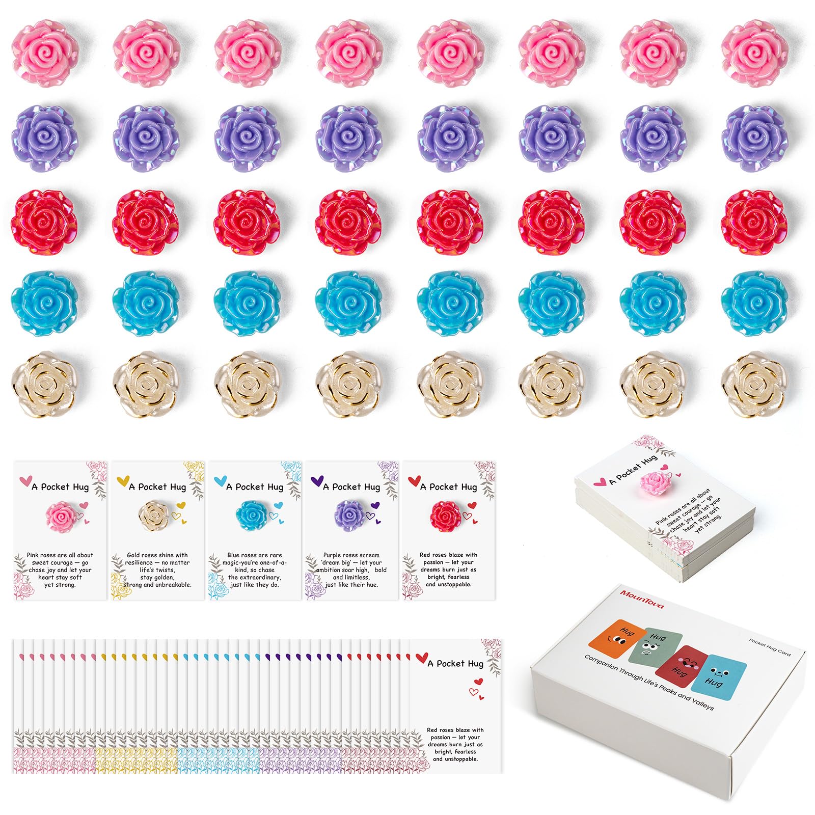 mountova 40 Sets Pocket Hug Bulk with Mini Resin Flower, Pocket Hug Tokens with Inspirational Quotes, Encouragement Support Small Gifts for Friends Coworkers Family Long Distance Relationship Keepsake