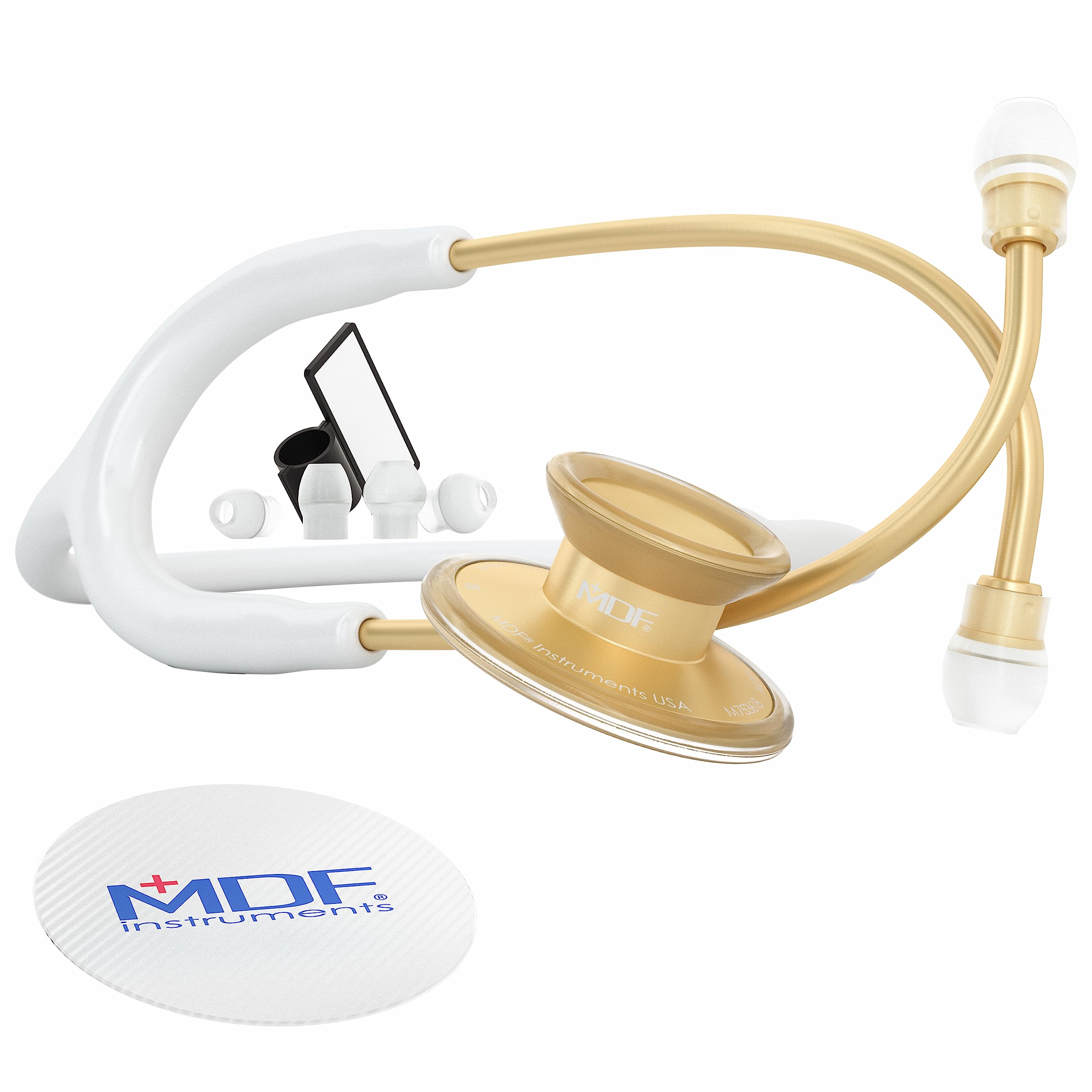 MDF Instruments, Acoustica Lightweight Stethoscope for Doctors, Nurses, Students, Home Health Use, Adult, Dual Head, White Tube, Gold Chestpiece-Headset, MDF747XPK29