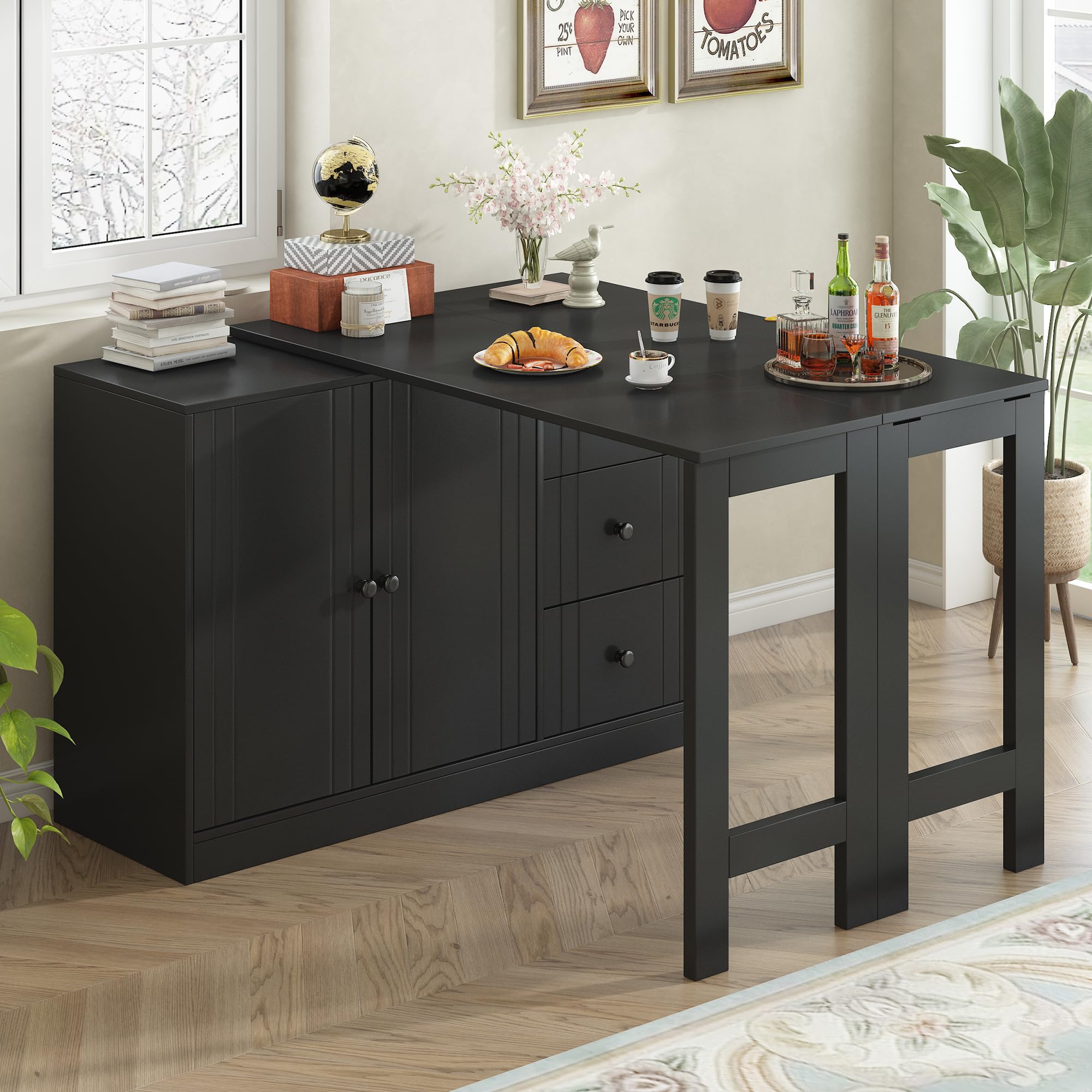 Photo 1 of Merax Sideboard Buffet Cabinet with Extendable Table, Wood Versatile Cupboard with 3 Storage Drawers, Suitable for Study, Entrance and Living Room, Black