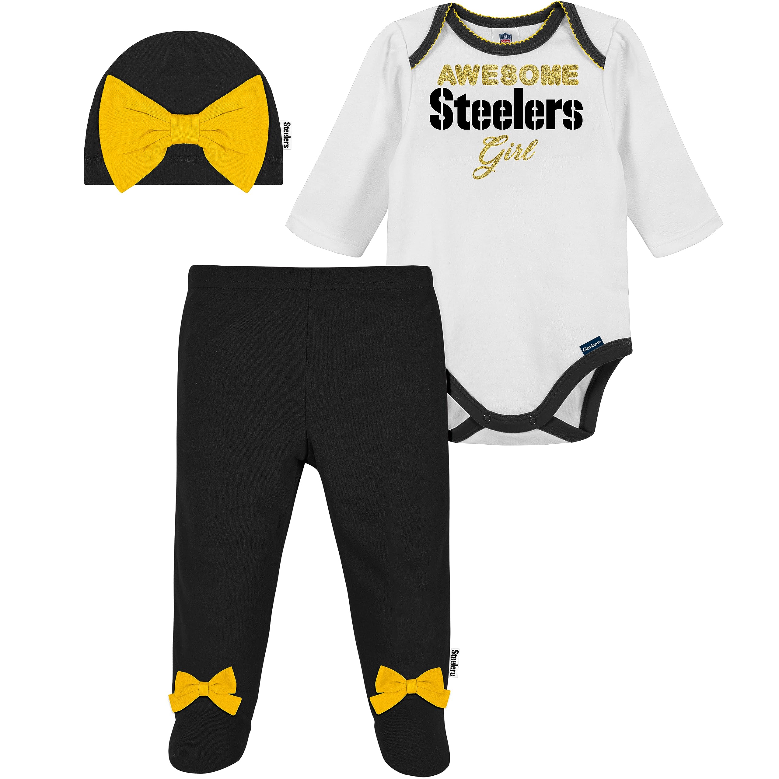 NFL Pittsburgh Steelers 3 Pack Bodysuit Footed Pant and Cap Registry Gift Set, black/white Pittsburgh Steelers, 6-9M Image