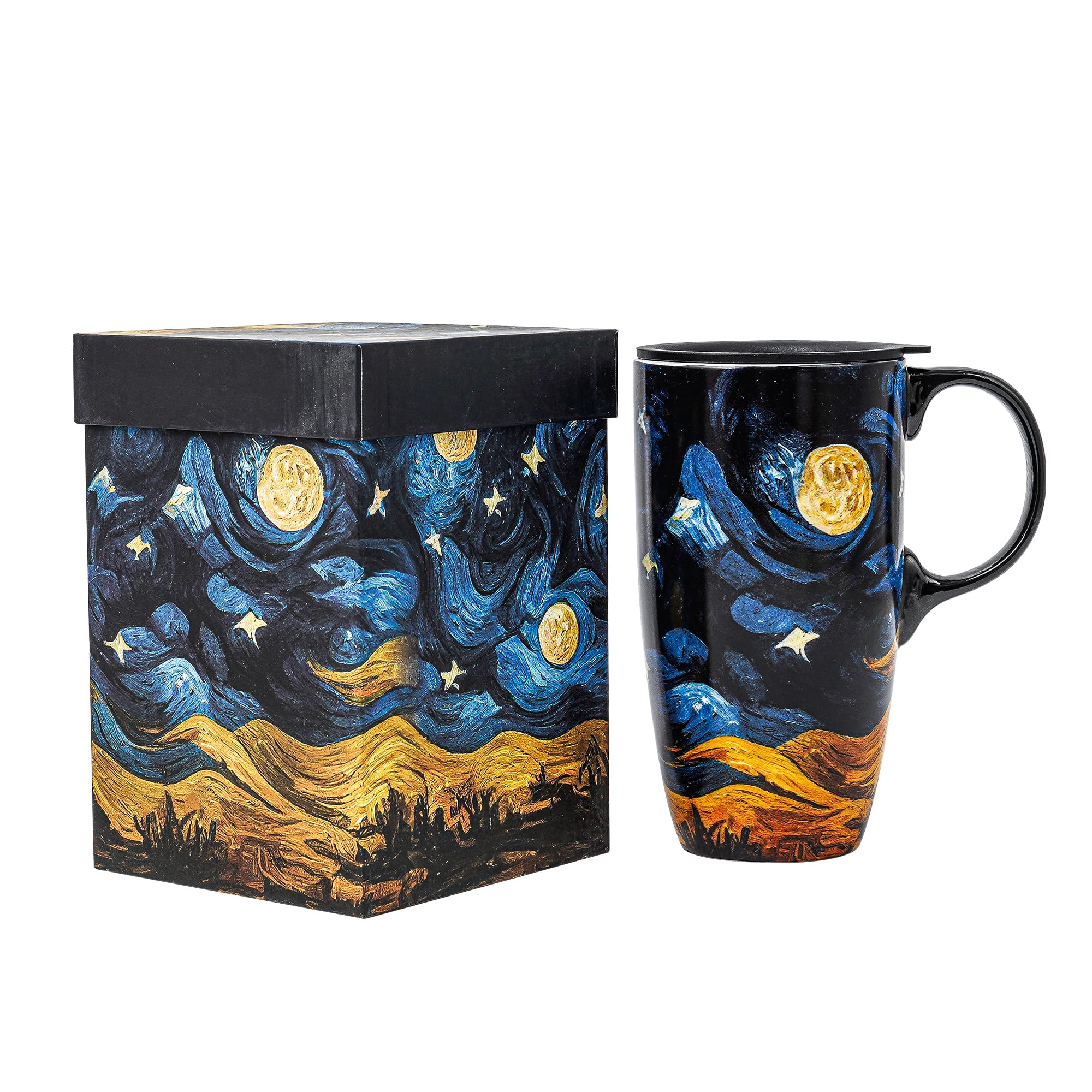 DUSVALLY Coffee Mug Coffee Ceramic Mugs Latte Tea Cup with Lid and Gift Box 17oz.Big Mug,Night