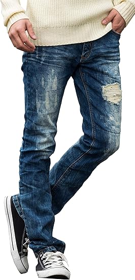 Amazon グロースバイグレイル Growth By Grail メンズ ダメージ ウォッシュ加工 ストレッチ素材 ストレート インディゴデニムパンツ L インディゴ ジーンズ 通販