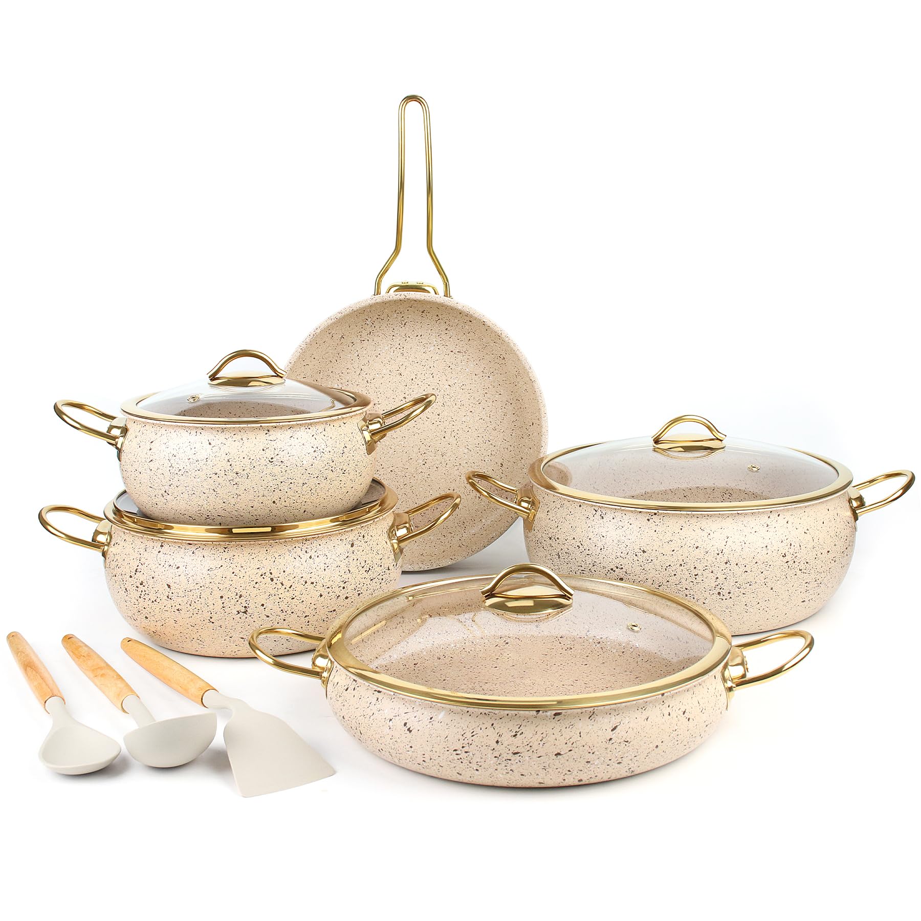 Photo 1 of 5-Ply Stainless Steel Cookware Set, 12Pcs Pots and Pans Set Non Stick with Stay-Cool Handles, Induction Compatible, Stackble Design, Includes with Frying Pan, Saucepans and Saute Pan (Beige)