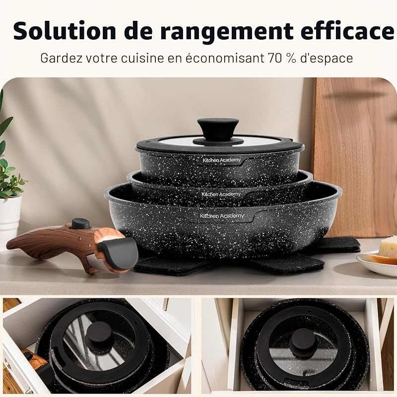Lot de 10 Casseroles et Poêles,Poignée Amovibl,Noir