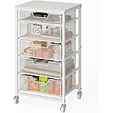 Sbanmao Utility Cart with 5 Drawers, Rolling Storage Cart with Wooden Tabletop and Lockable Wheels, Storage Drawer Cart Craft Cart for Bedroom, Classroom, Home, Office, White