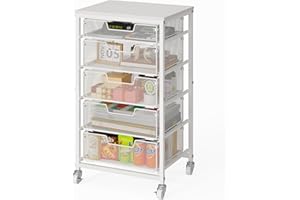 Sbanmao Utility Cart with 5 Drawers, Rolling Storage Cart with Wooden Tabletop and Lockable Wheels, Storage Drawer Cart Craft Cart for Bedroom, Classroom, Home, Office, White