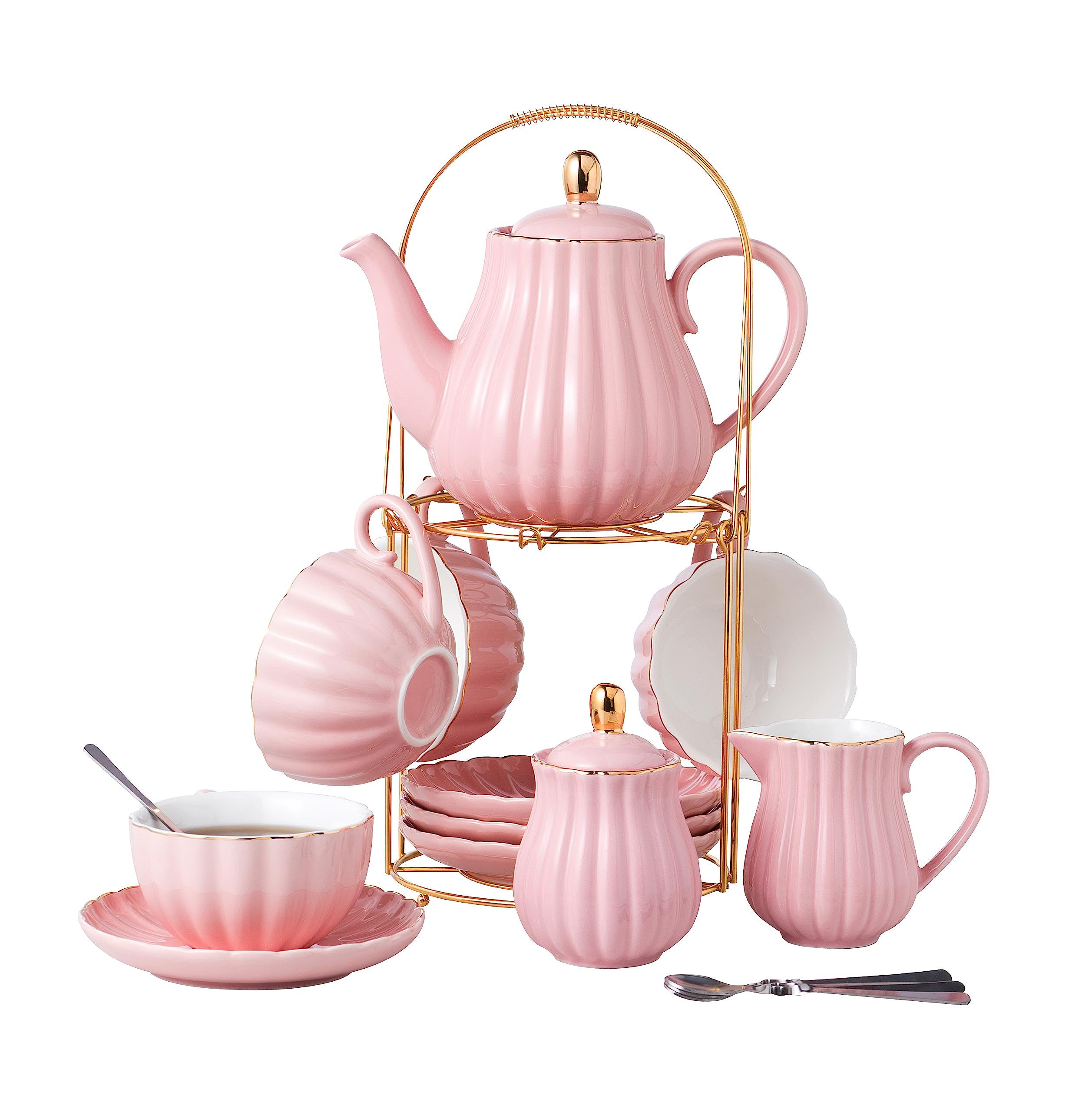 Photo 1 of CLAY TONIC-- 8 OZ Fine China Purple Coffee Cup/Teacup Set, Cups & Saucer, with Teapot-Sugar Bowl-Cream Pitcher Teaspoons and tea strainer for Tea/Coffee,17-Pieces- Service for 4 (Pink)