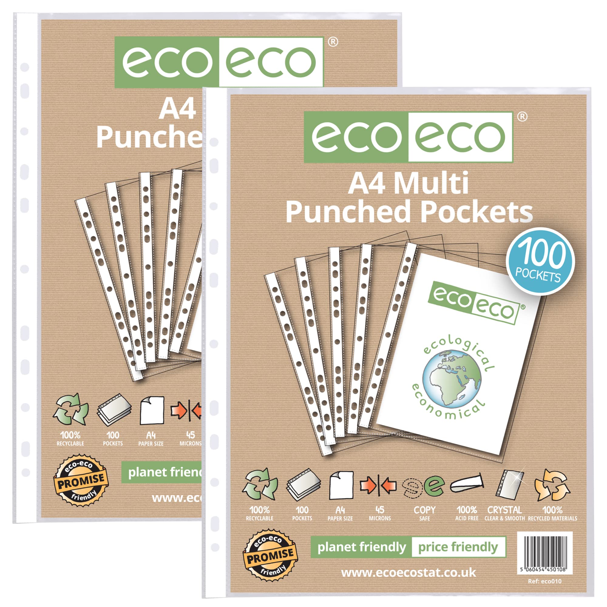eco-eco A4 100% Recycled Multi Punched Pockets Glass Clear, Transparent Poly Wallet Sheet Protector, 45 Microns, 2 Packs of 100 Wallets, eco010x2