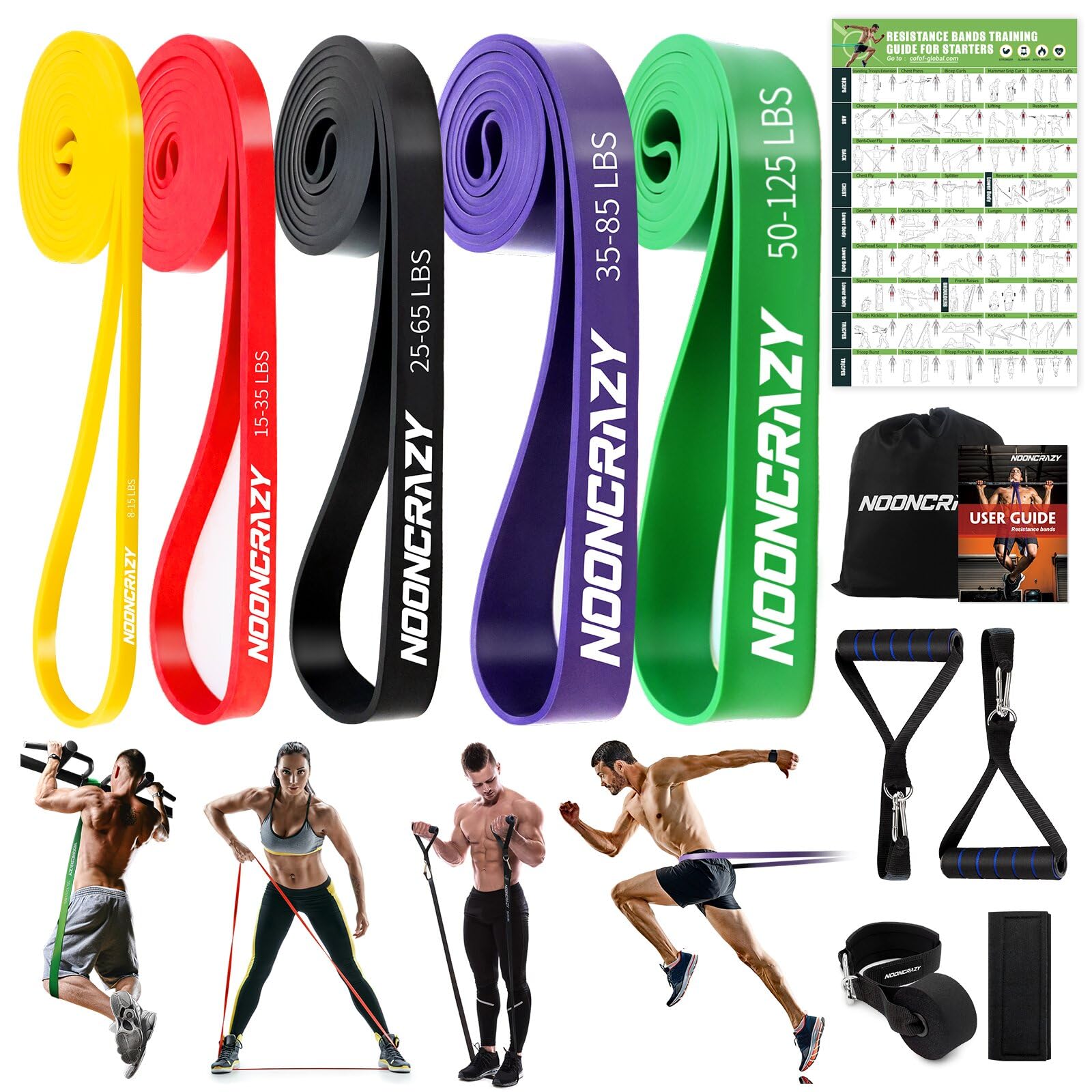nooncrazy Resistance Bands Set, Pull Up Assistance Bands 5 Different Levels with Handles & Door Anchor & Training Poster, Gym Bands for Strength Training, Yoga, Muscle Toning for Men and Women