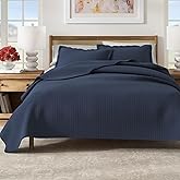 Great Bay Home Full/Queen Quilt Bedding Set, 3-Piece Lightweight Summer Channel Stitch Quilt Set with Shams, Ultra Soft Navy Bedspreads, Quilted Bedding Coverlets for All Seasons