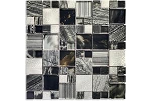 Artemuro Upgraded Backsplash Mosaic Tile Black Crystal Glass Silver Metal and Luxury Grey Stone for Home Project Kitchen, Fireplace, Bathroom, Shower Walls Decoration (4.78 Square Feet)