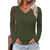 YUCOLEN Cotton Long Sleeve Shirt for Women V Neck T Shirt Casual Basic Tee Tops Blouse Clothes Army Green M
