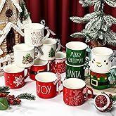 Baderke 12 Pcs Ceramic Christmas Snowflake Mug with Ribbon 11 oz Hot Cocoa Christmas Coffee Mugs Santa Winter Holiday for Centerpieces Decorations Housewarming Gift