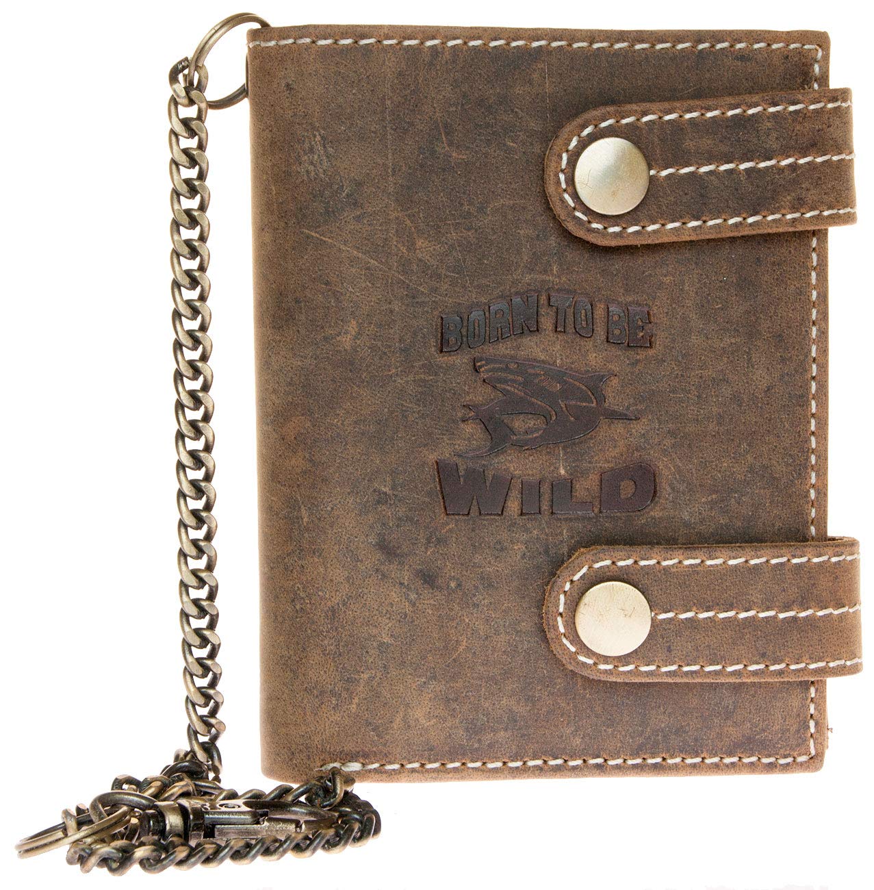 Born to be wild Men's Natural Genuine Leather Wallet with Metal Chain with Shark